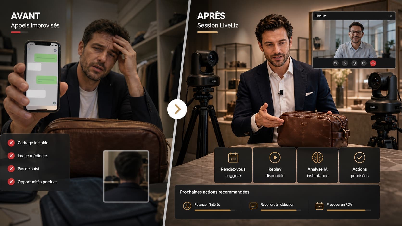 Split-screen : appel vidéo WhatsApp improvisé, puis même démonstration en live commercial LiveLiz avec lien à votre image, accueil et produit cadré.